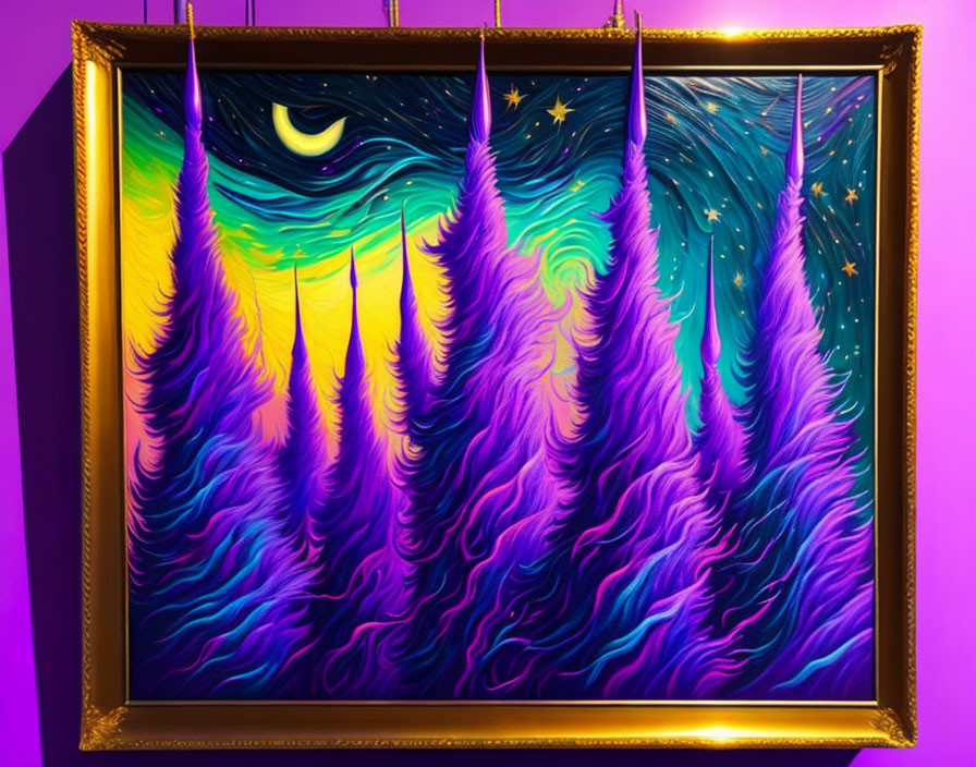 Colorful Mystical Forest Painting with Swirling Trees and Starry Sky