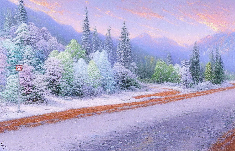 Snowy forest path at twilight with colorful skies and road sign