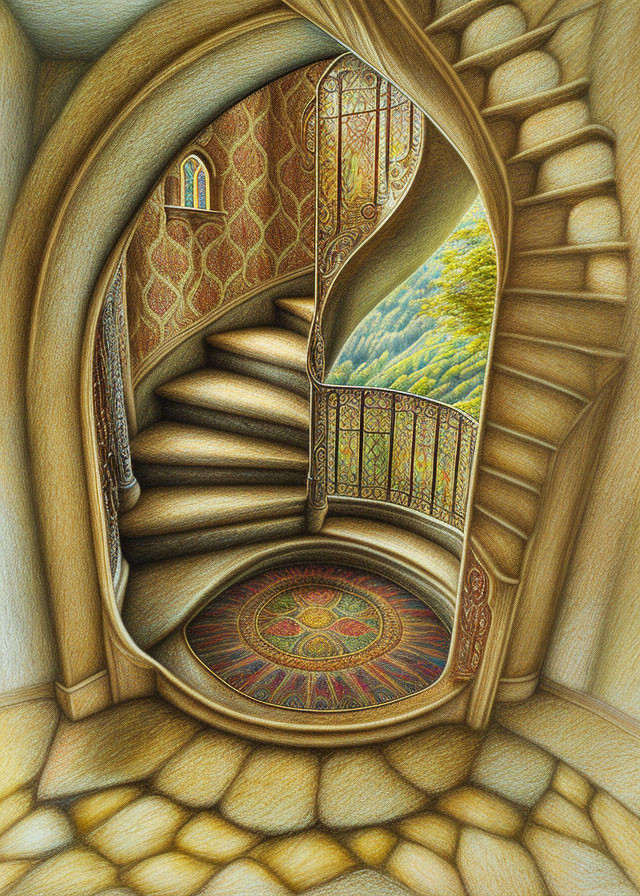 Intricate patterns on stone tower staircase with scenic view through arched window