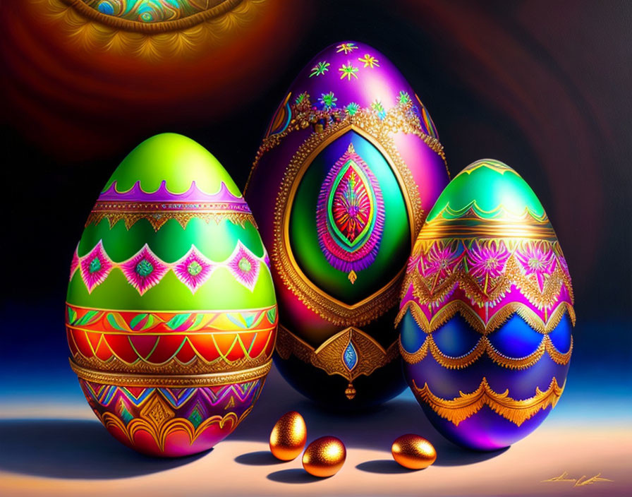 Colorful Easter eggs with intricate patterns on vibrant background.