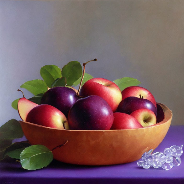 Still Life Painting: Wooden Bowl with Red and Yellow Apples, Green Leaves, Glass Beads on