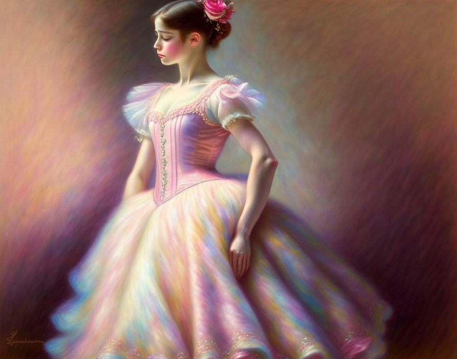 Vintage pastel pink dress woman with flower in hair in soft art style