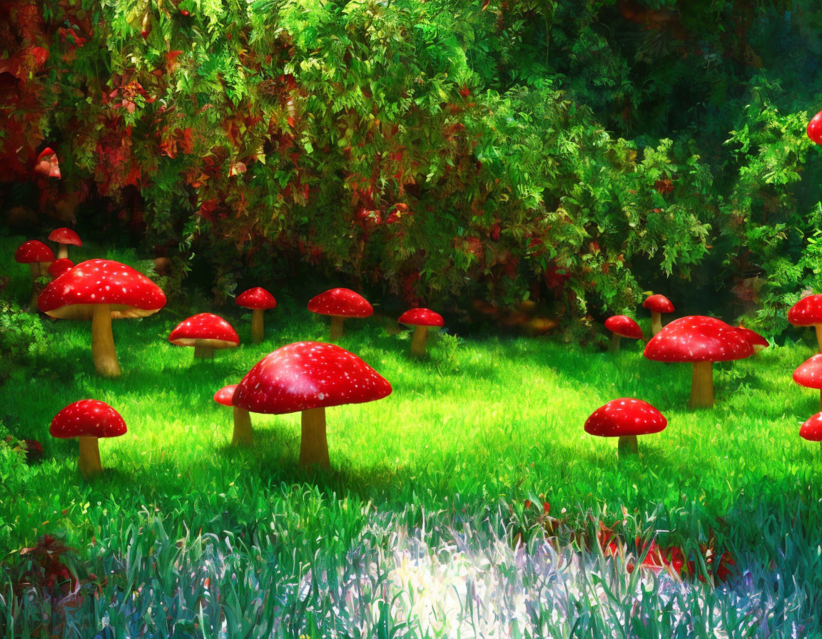 Enchanting forest scene with oversized red mushrooms in soft sunlight