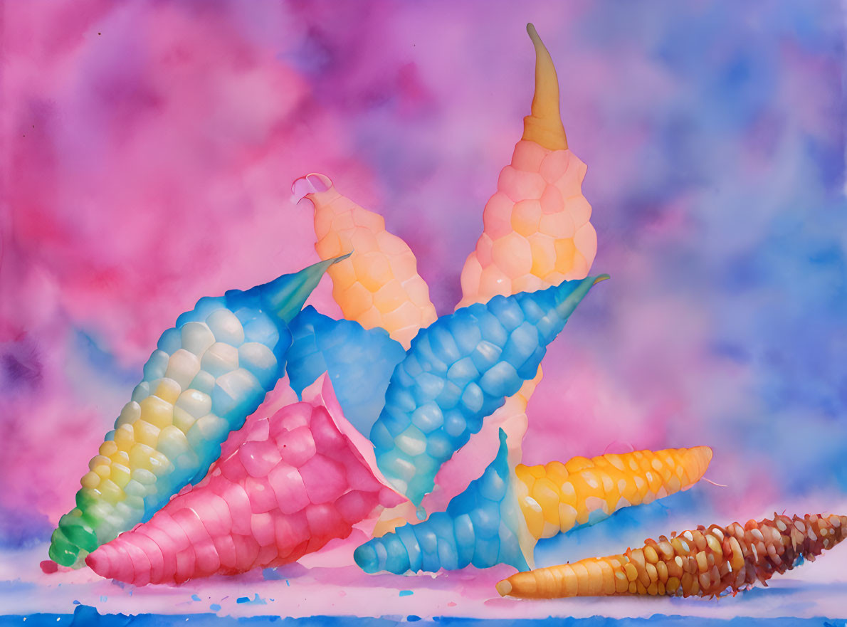 Vibrant Corn Cob Artwork on Pastel Cloudy Background