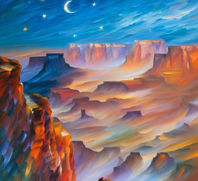 Vibrant painting of canyon under starry night sky with crescent moon