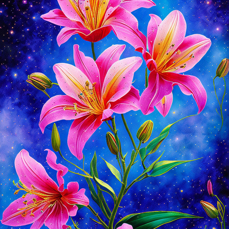 Pink lilies with prominent stamens on starry night sky.