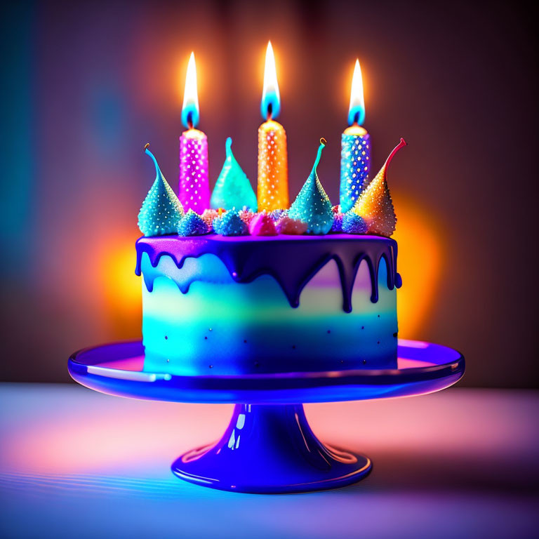 Colorful Birthday Cake with Candles and Party Hats on Blue Stand