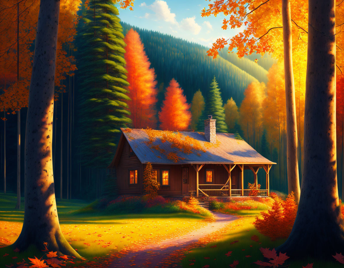 Autumn forest cabin with smoking chimney in golden sunlight