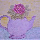 Purple floral teapot with bouquet of violet flowers on glossy surface