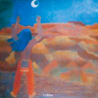 Vibrant painting of canyon under starry night sky with crescent moon