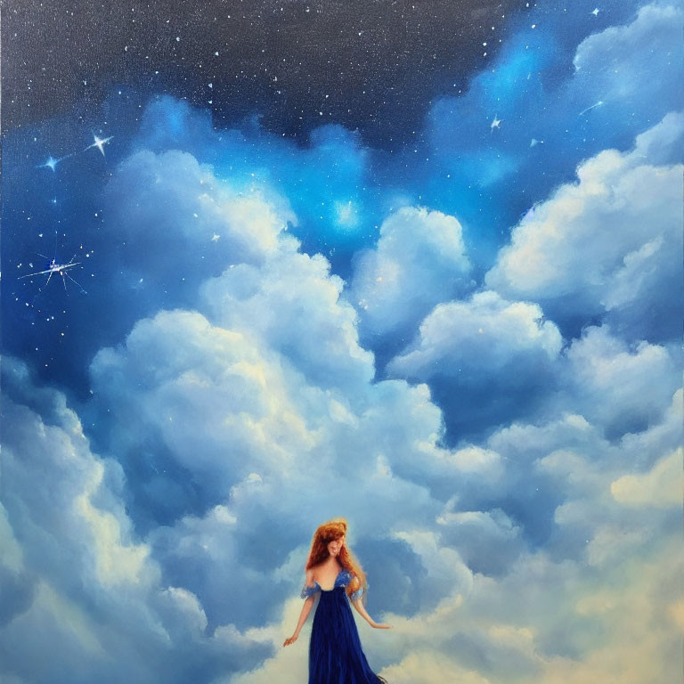 Woman in Blue Dress Contemplating Starry Sky