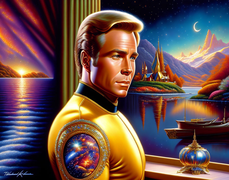 Blonde man in yellow uniform with cosmic scene on chest in fantasy landscape