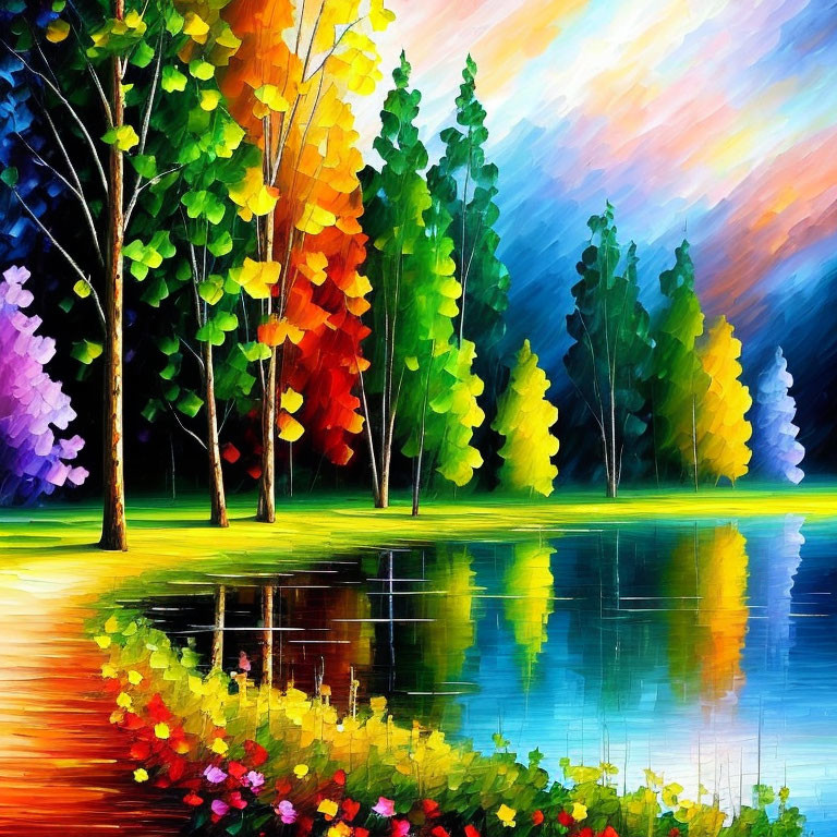 Colorful Painting of Trees Reflecting in Lake at Sunset