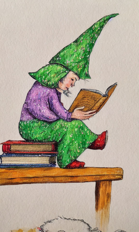 Whimsical gnome in green outfit reading on books