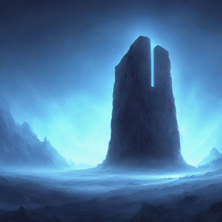 Monolithic tower in foggy landscape with glowing crack