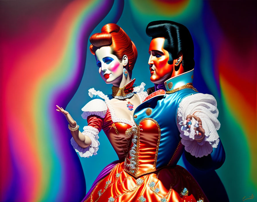 Colorful surreal portrait of stylized couple in vintage attire with exaggerated hairdos