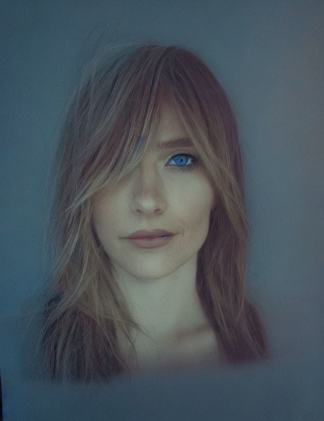 Portrait of person with blue eyes, brown hair, subtle smile, on blue background