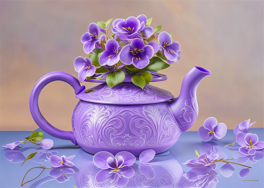 Purple floral teapot with bouquet of violet flowers on glossy surface