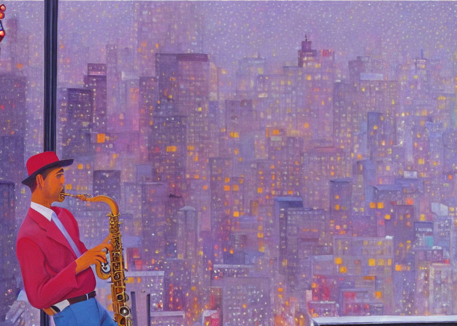 Saxophonist playing with urban skyline view at twilight