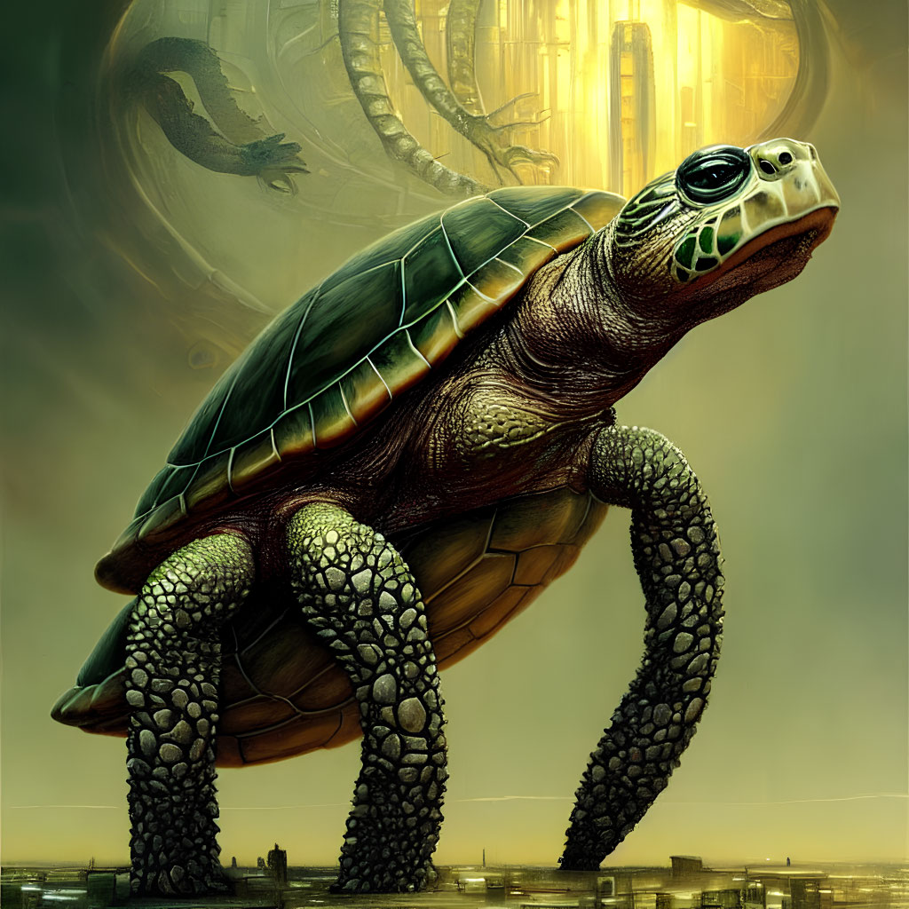 Giant Turtle with Intricate Shell in Futuristic Cityscape