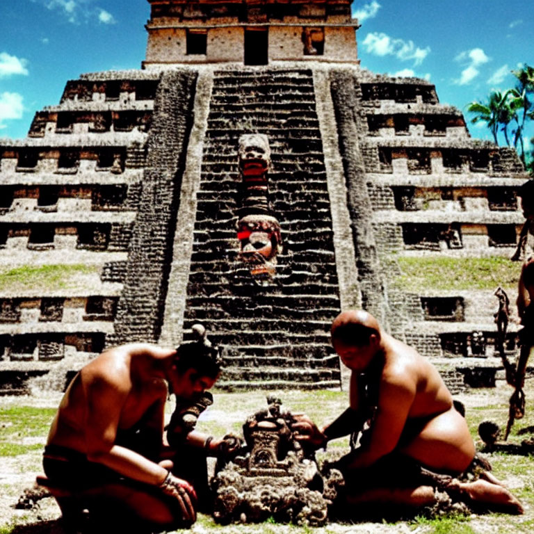 Traditional attire individuals perform ritual at ancient stepped pyramid