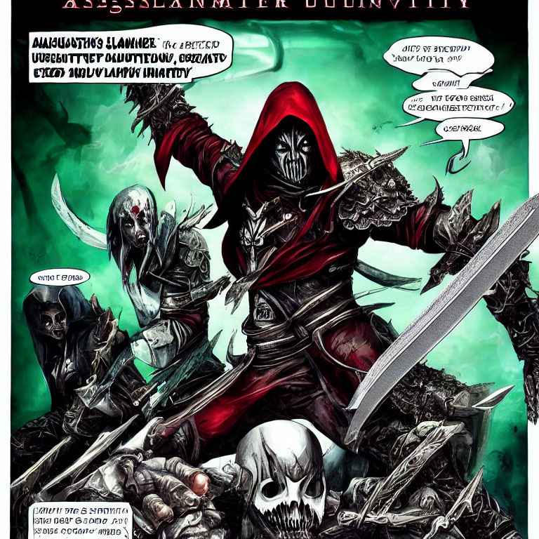 Menacing figure in red cloak with weapons and dark energy.