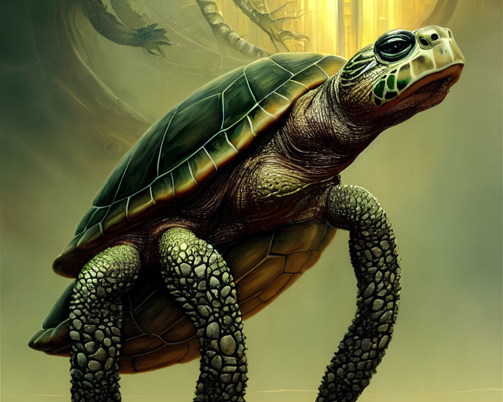 Giant Turtle with Intricate Shell in Futuristic Cityscape