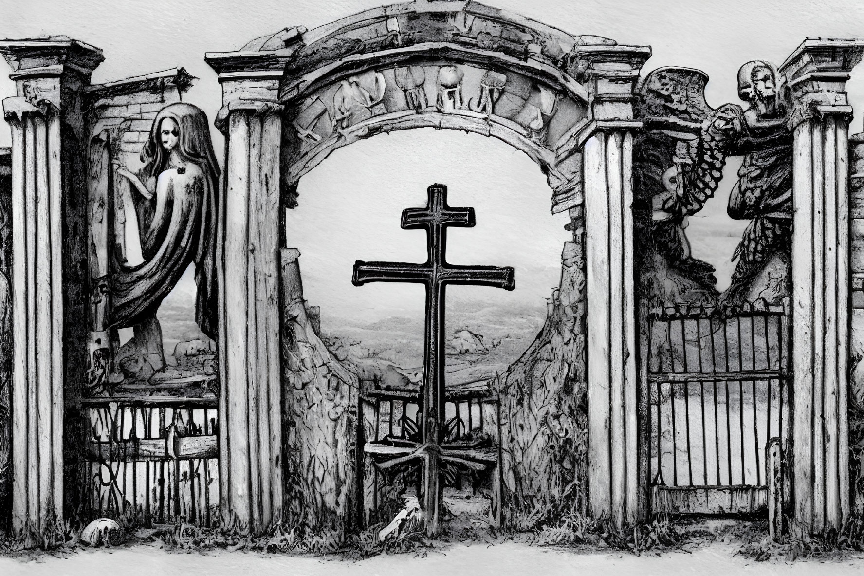 Monochrome art featuring angel, cross, skull, and enigmatic figure in gothic setting.