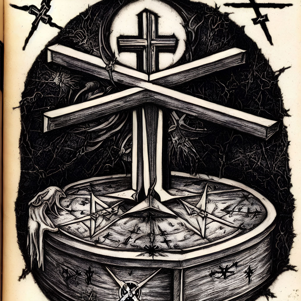 Gothic illustration: Cross, swords, thorn branches, occult symbols on round table