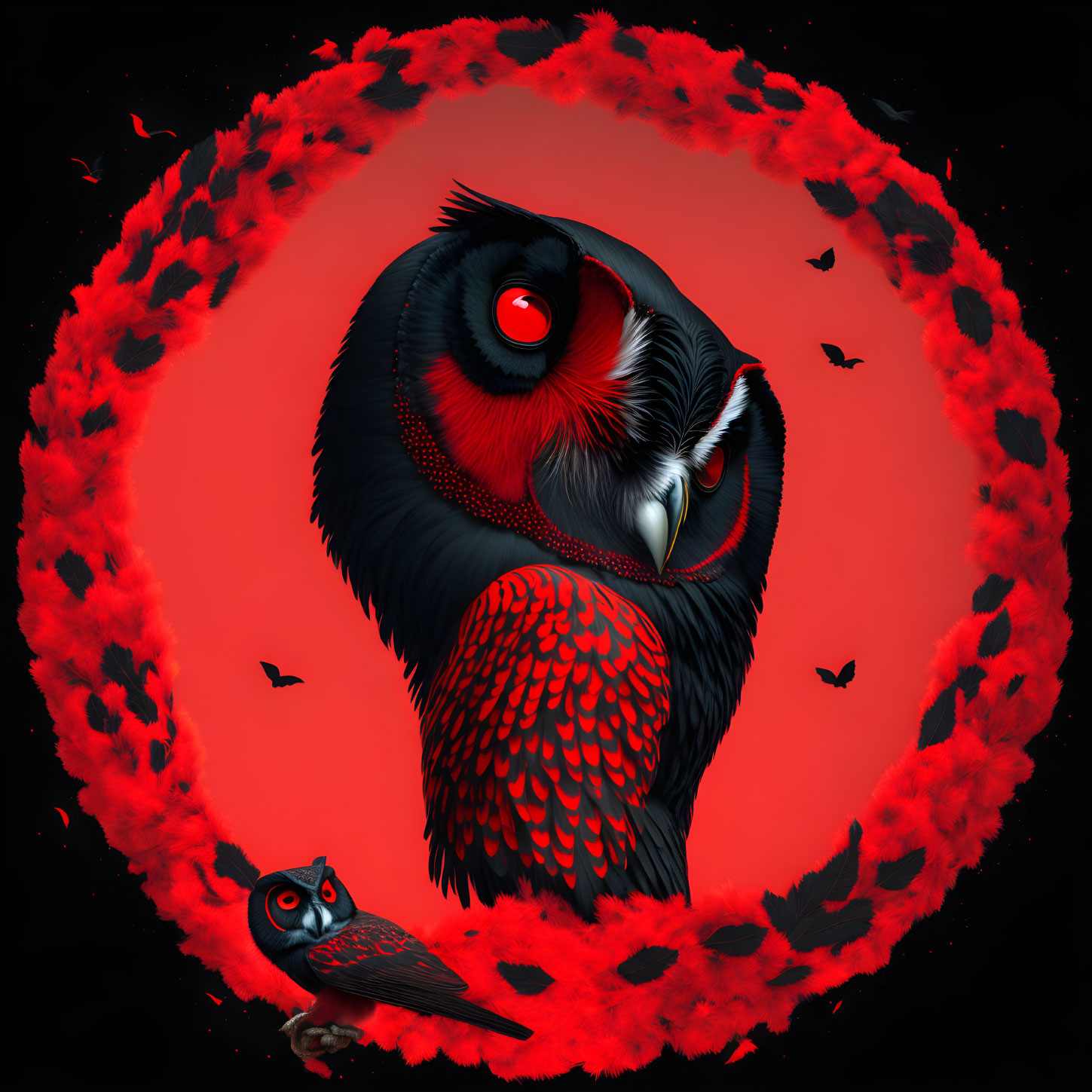 Vivid red and black owl illustration with glowing eyes in fiery ring