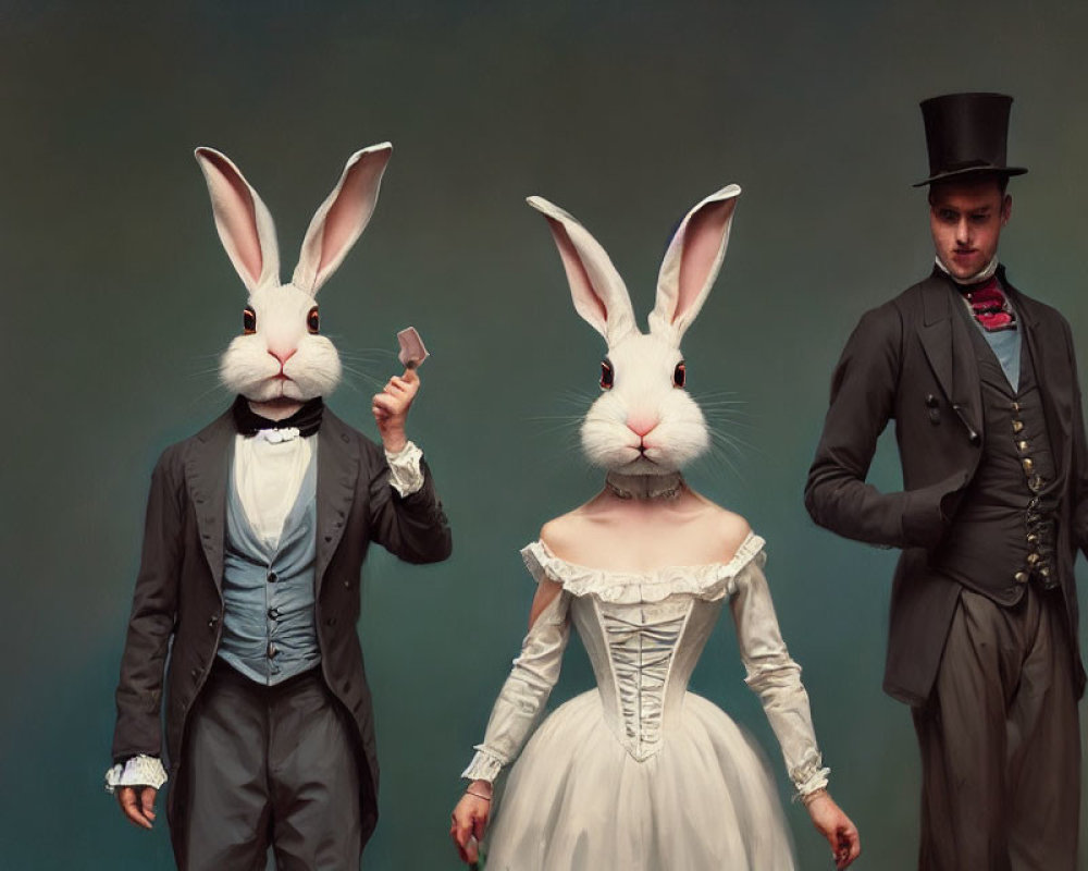 Vintage Attired Figures with Rabbit Heads and Man in Top Hat Holding Card