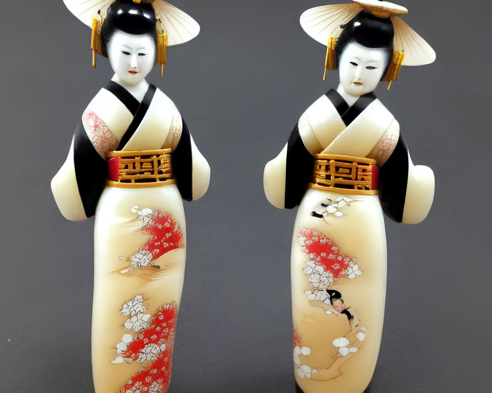 Traditional Japanese Geisha Dolls in Kimonos with Floral Patterns