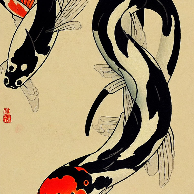 Traditional Japanese Style Illustration of Three Koi Fish Swimming