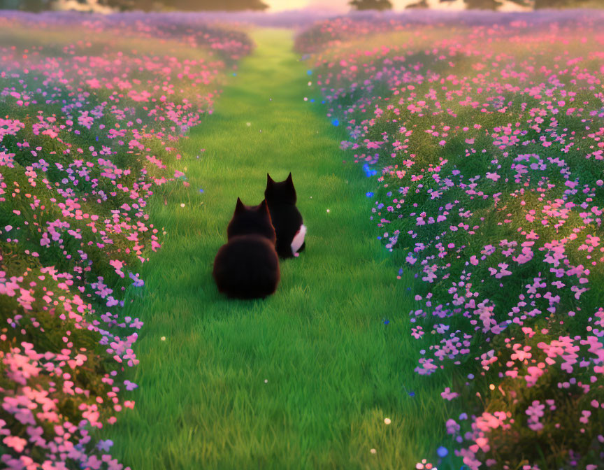 Two Cats in Blooming Meadow at Sunset with Colorful Flowers