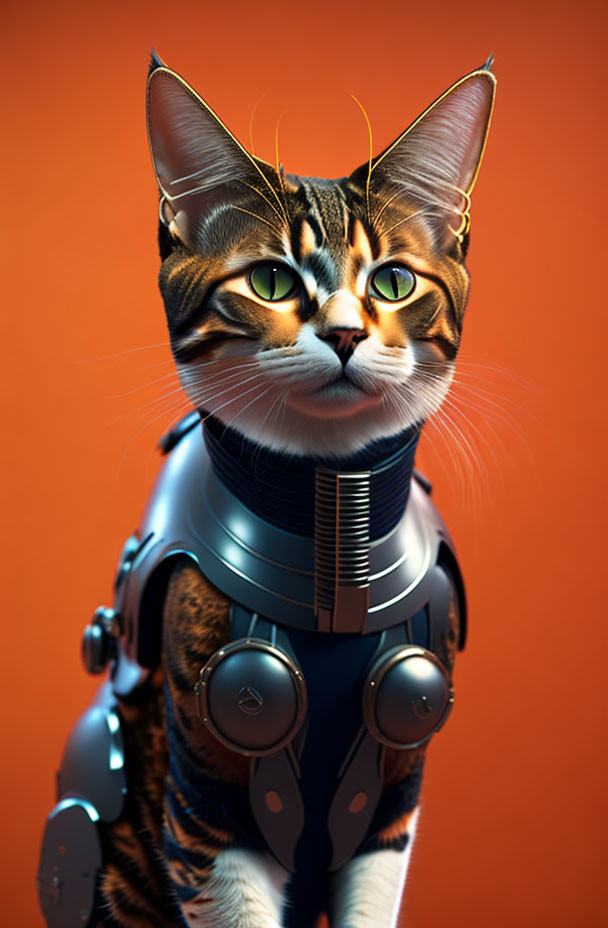 Futuristic robotic cat with metallic body on orange background