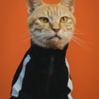 Futuristic robotic cat with metallic body on orange background