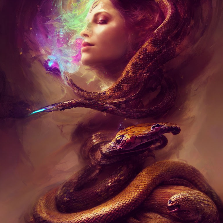 Surreal portrait: Woman with serpents in purple and gold swirl