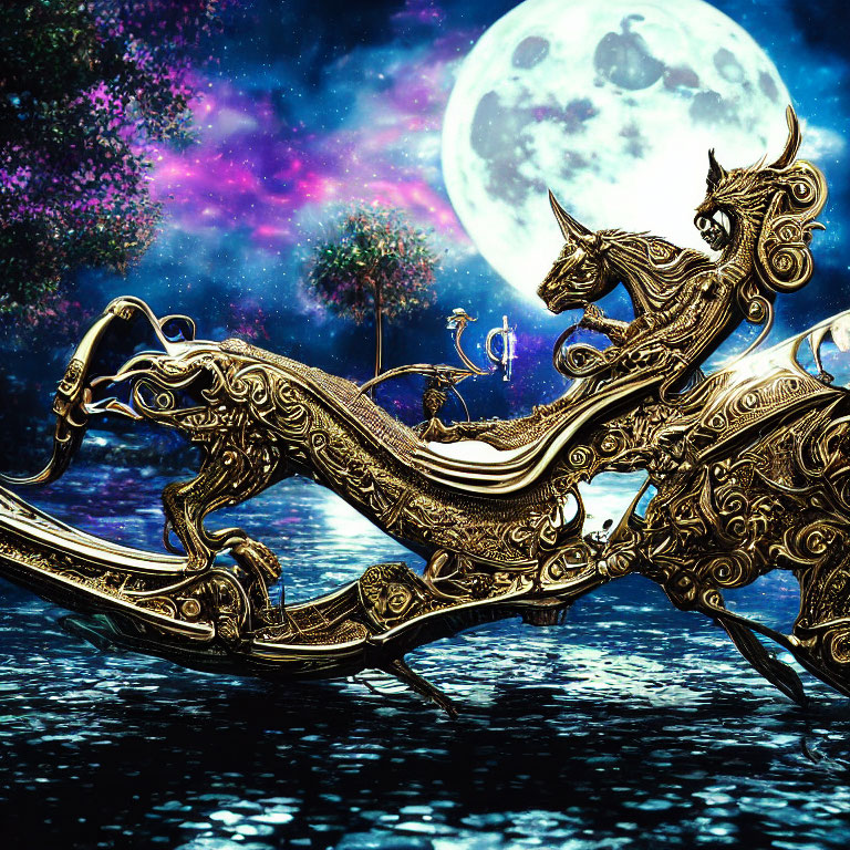 Golden Dragon Boat Sailing under Starry Sky