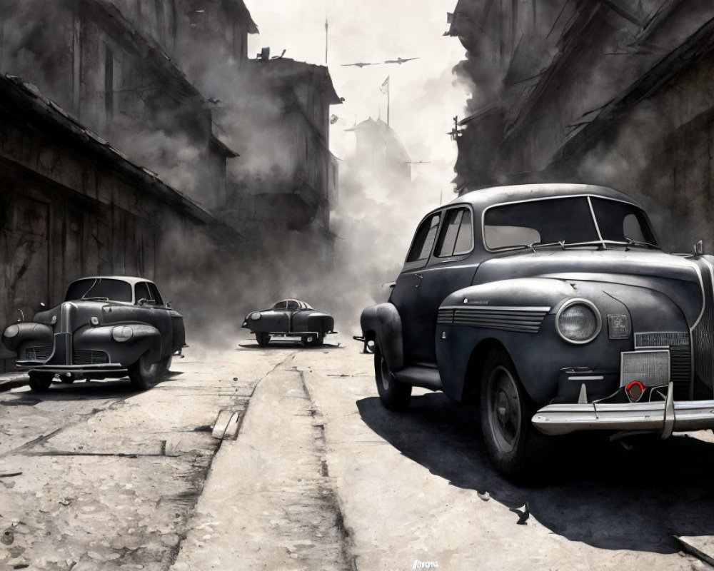 Vintage cars on dusty street with helicopter and desolate buildings