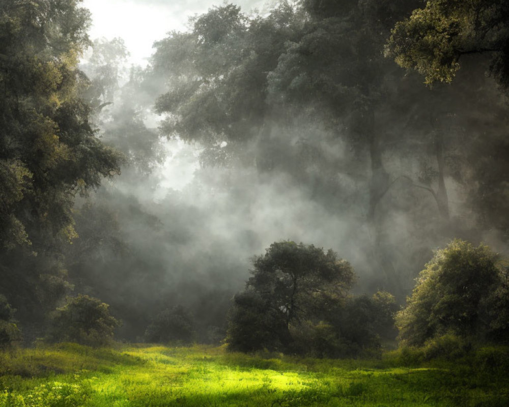 Misty forest with sunlight filtering through dense trees