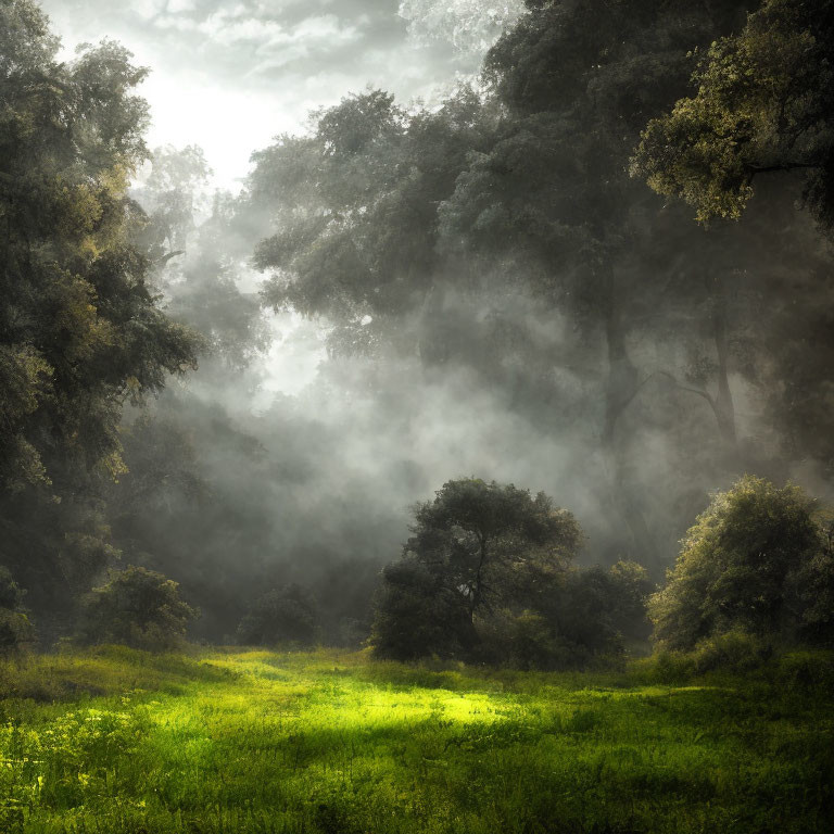 Misty forest with sunlight filtering through dense trees