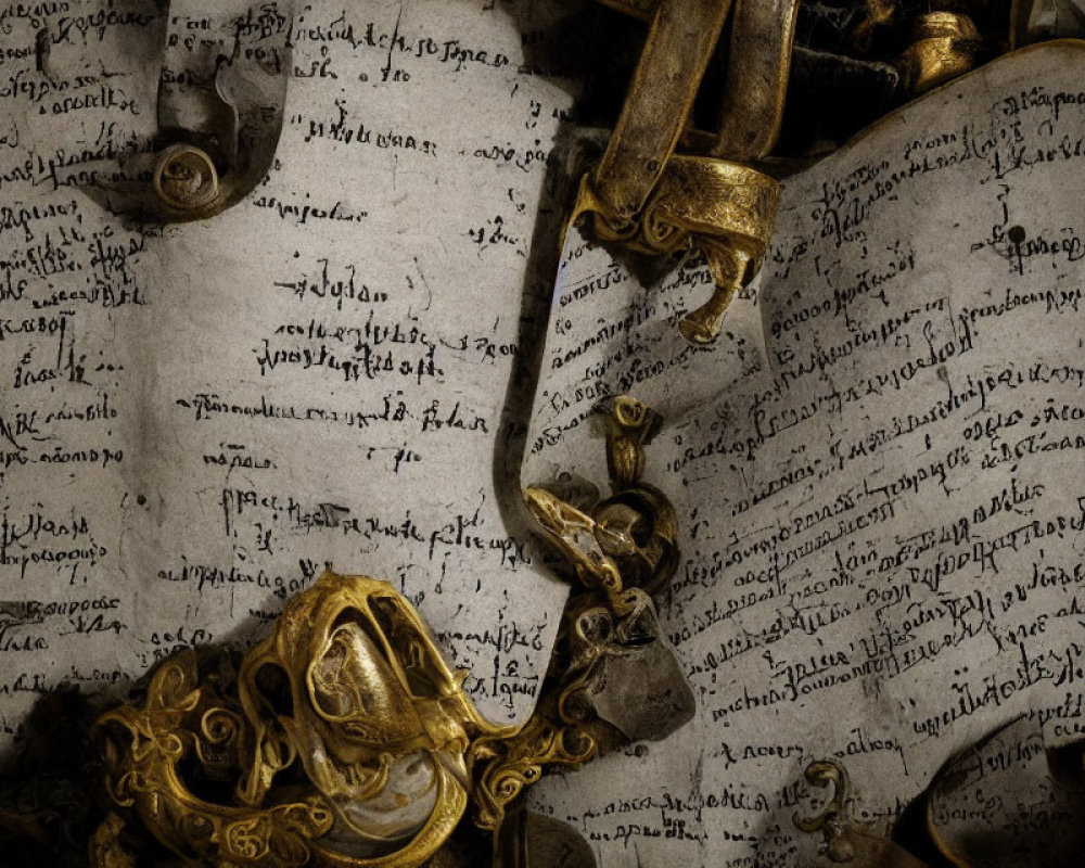 Illegible cursive handwriting on antique manuscript with ornate golden brass instruments