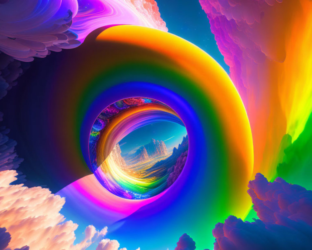 Colorful digital art: surreal landscape with swirling clouds, rainbows, circular portal leading to mountain scene