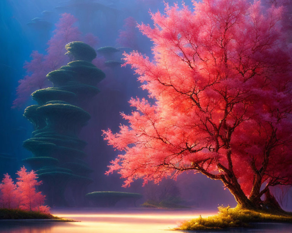 Pink Trees, Lake, Green Rocks: Golden Light Scene