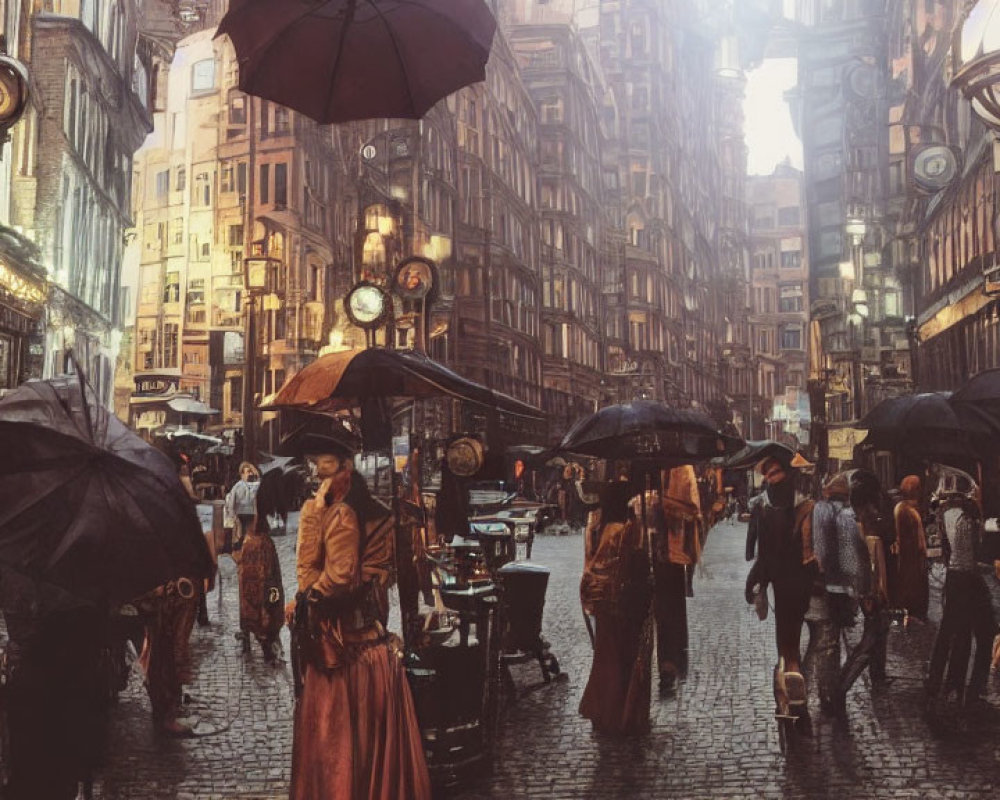 Vintage street scene with umbrellas, lanterns, and historic architecture under overcast sky