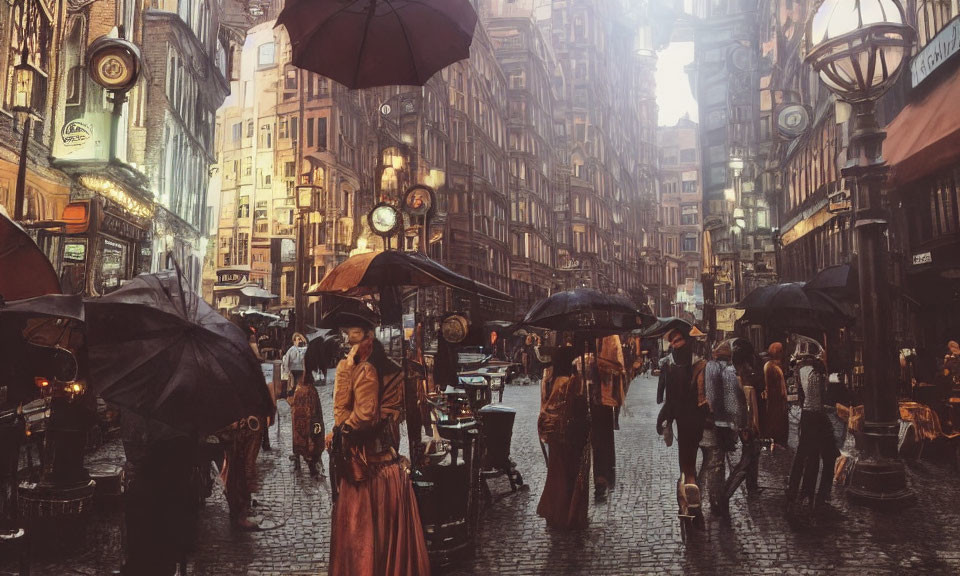 Vintage street scene with umbrellas, lanterns, and historic architecture under overcast sky