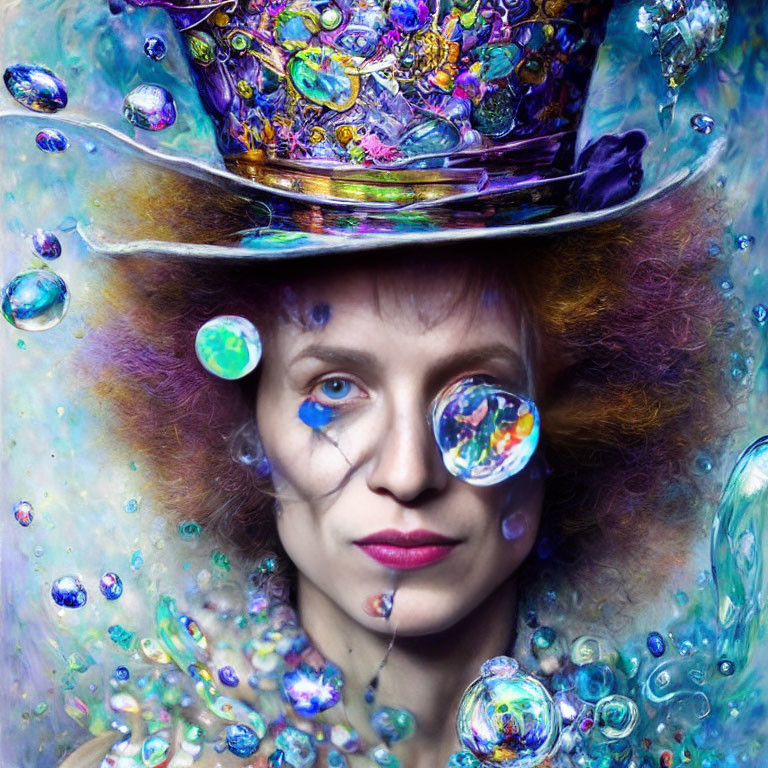 Whimsical woman in floral top hat with surrounding bubbles