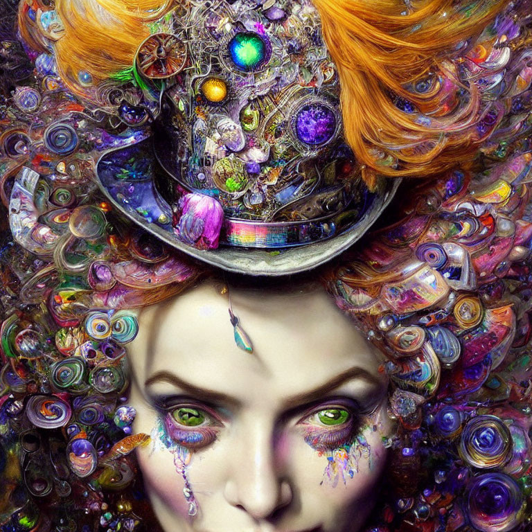 Vibrant orange hair portrait with multicolored hat and green eyes