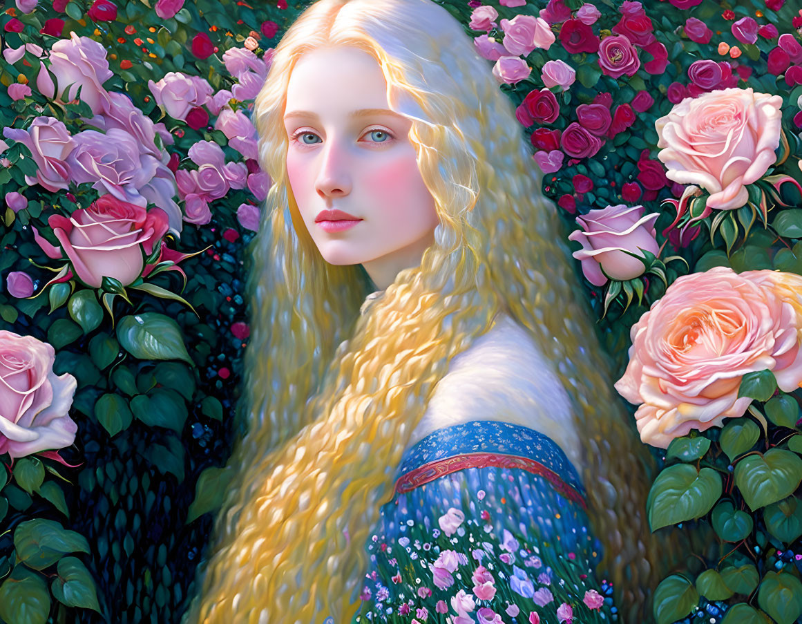 Young woman with long blond hair in pink rose garden