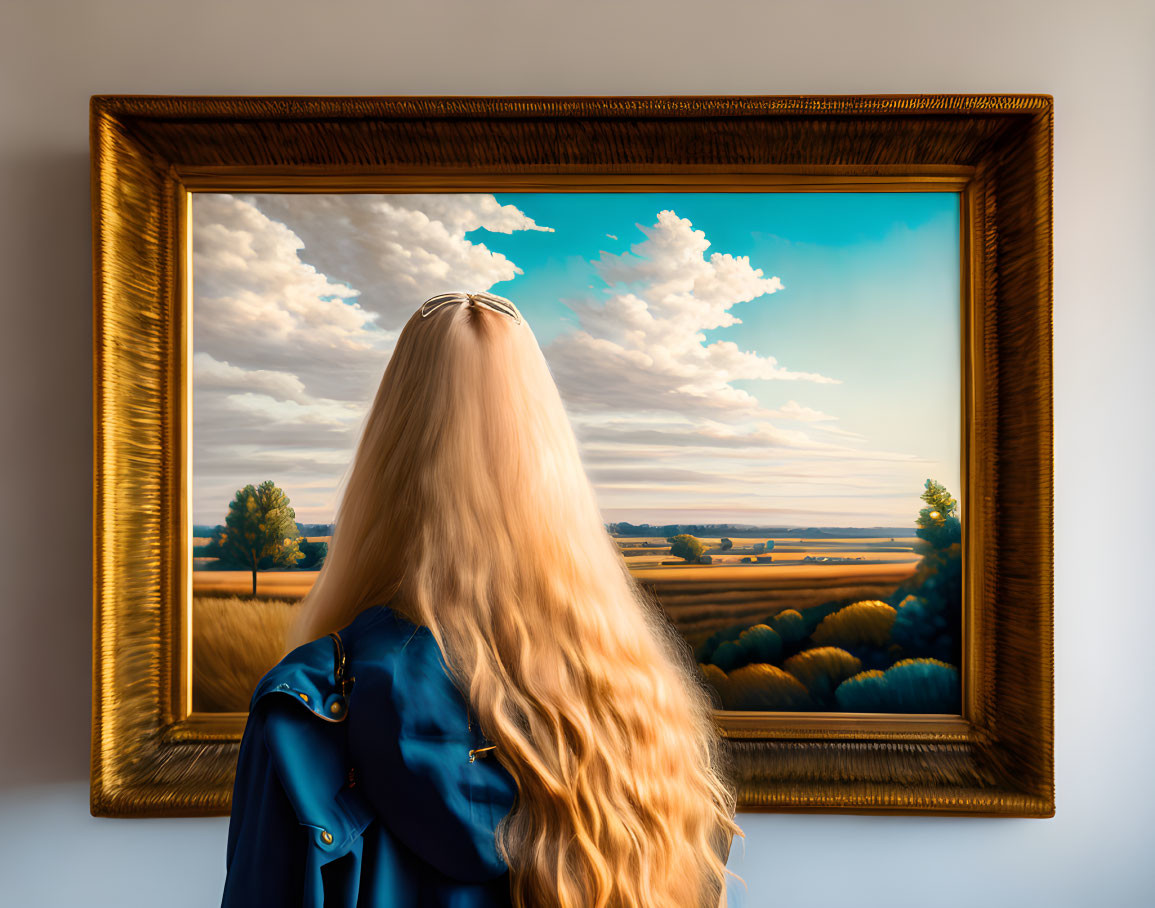 Blonde person admiring landscape painting with cloudy sky